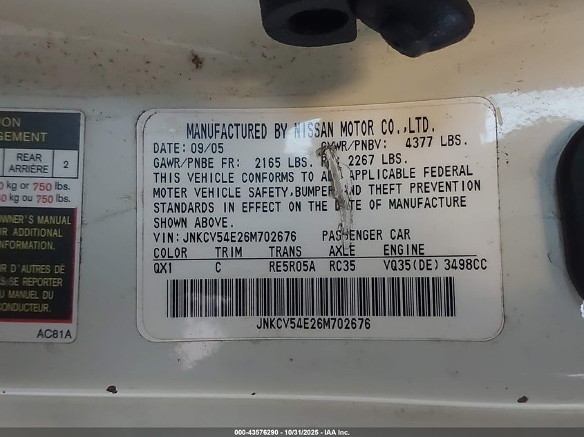 2006 Infiniti G35 VIN: JNKCV54E26M702676 Lot: 43576290