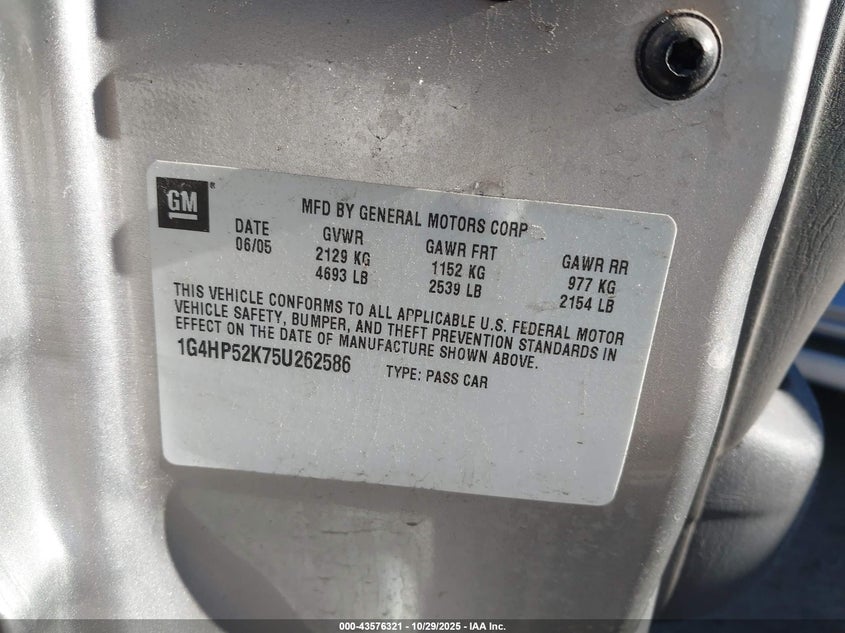 2005 Buick Lesabre Custom VIN: 1G4HP52K75U262586 Lot: 43576321