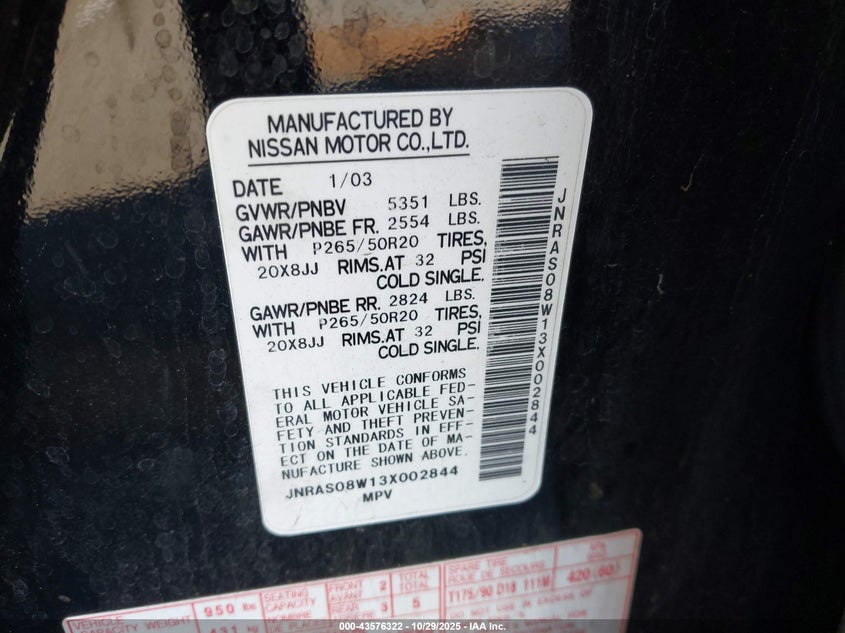 2003 Infiniti Fx35 Options VIN: JNRAS08W13X002844 Lot: 43576322