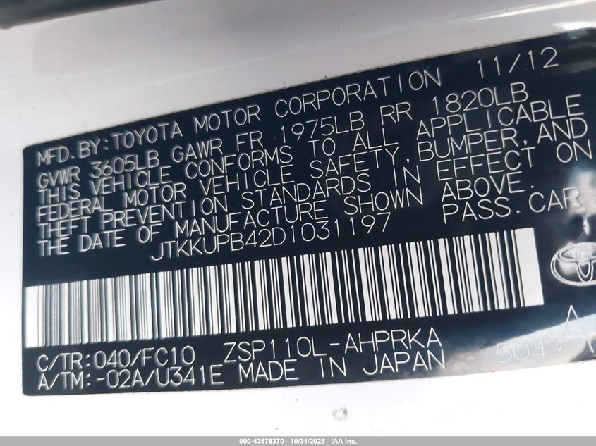 2013 Scion Xd VIN: JTKKUPB42D1031197 Lot: 43576370