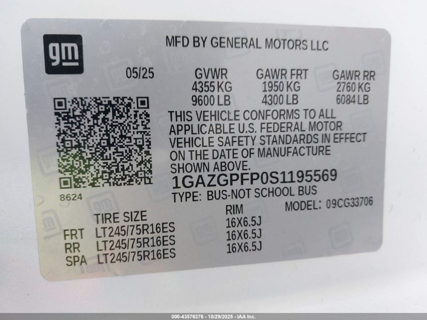2025 Chevrolet Express Passenger Rwd 3500 Extended Wheelbase Lt VIN: 1GAZGPFP0S1195569 Lot: 43576376