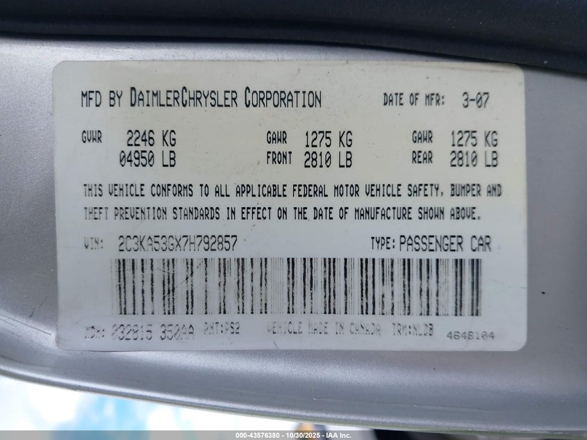 2007 Chrysler 300 Touring VIN: 2C3KA53GX7H792857 Lot: 43576380