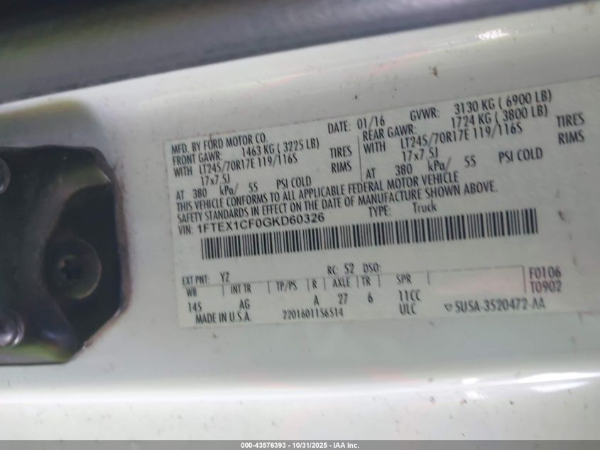 2016 Ford F-150 Xl VIN: 1FTEX1CF0GKD60326 Lot: 43576393