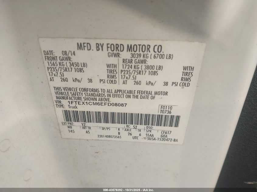 2014 Ford F-150 Xl VIN: 1FTEX1CM6EFD08087 Lot: 43576392