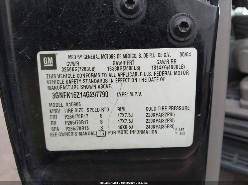 2004 Chevrolet Suburban 1500 Lt VIN: 3GNFK16Z14G297790 Lot: 43576401