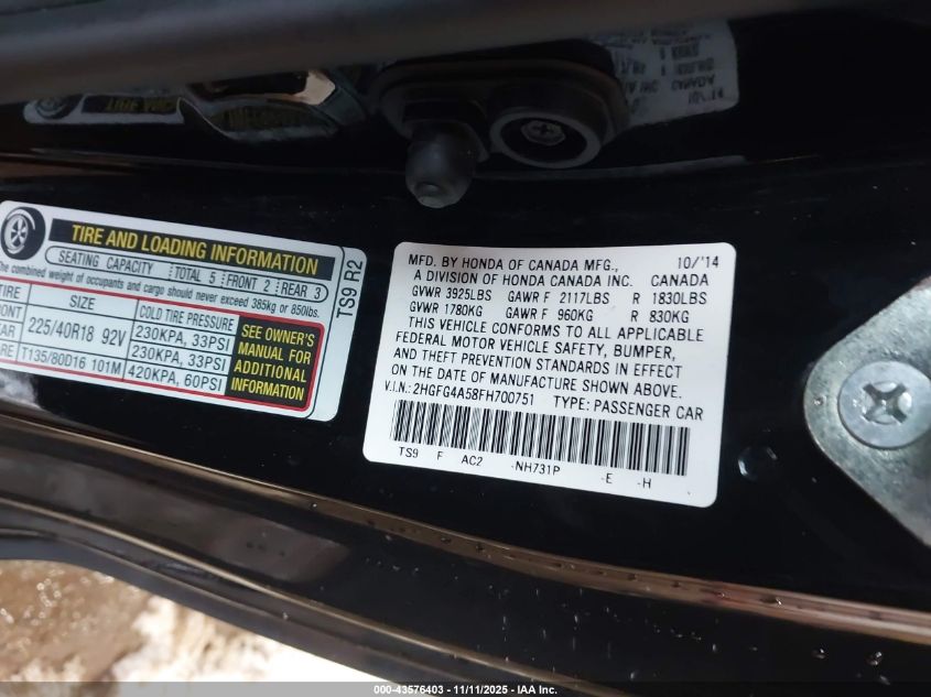 2015 Honda Civic Si VIN: 2HGFG4A58FH700751 Lot: 43576403