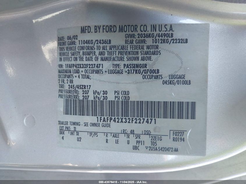 2002 Ford Mustang Gt VIN: 1FAFP42X32F227471 Lot: 43576415