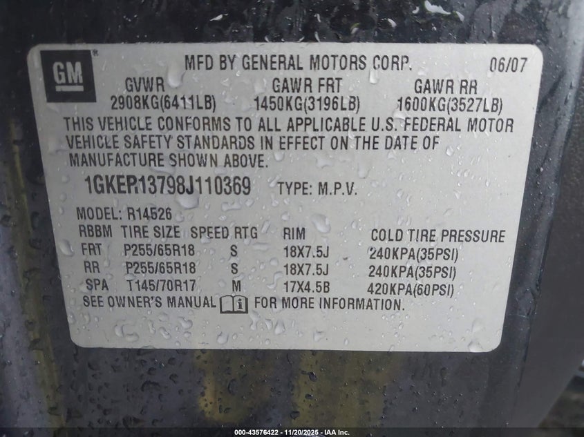 2008 GMC Acadia Sle-1 VIN: 1GKER13798J110369 Lot: 43576422