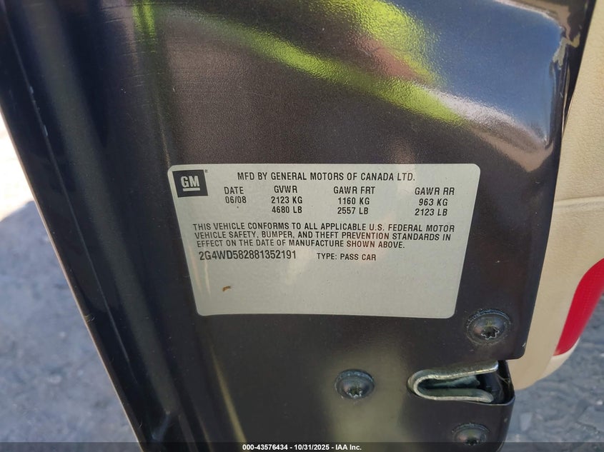 2008 Buick Lacrosse Cxl VIN: 2G4WD582881352191 Lot: 43576434