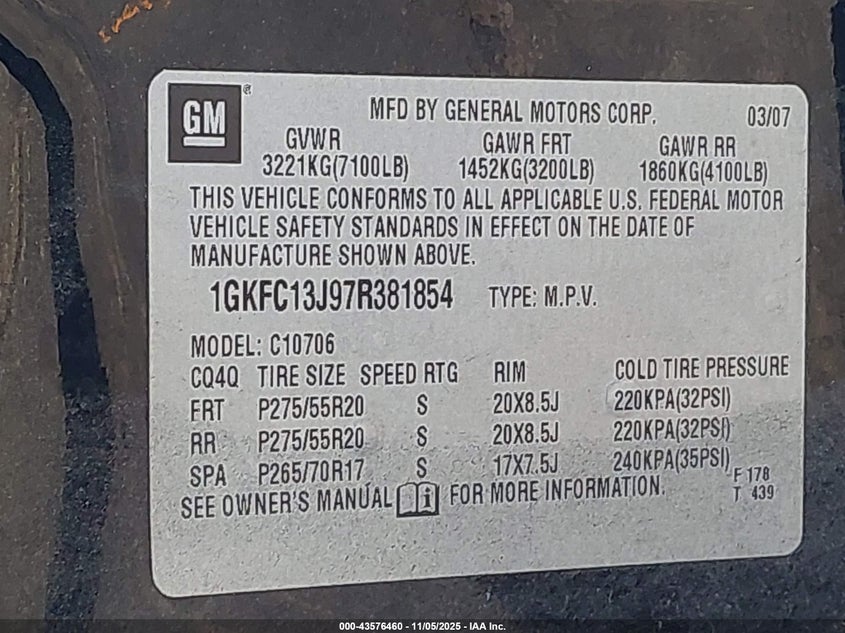 2007 GMC Yukon Slt VIN: 1GKFC13J97R381854 Lot: 43576460