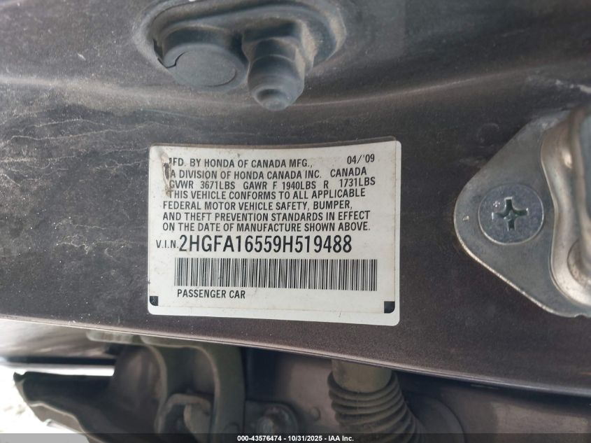 2009 Honda Civic Lx VIN: 2HGFA16559H519488 Lot: 43576474