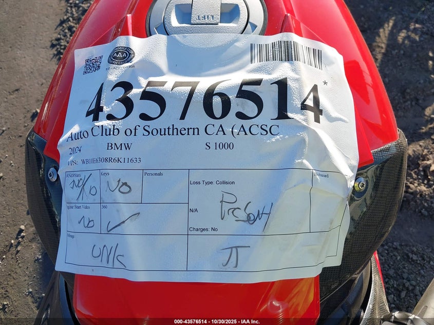 2024 BMW S 1000 Rr VIN: WB10E6308R6K11633 Lot: 43576514