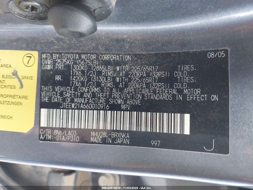 2006 Toyota Highlander Hybrid Limited V6 VIN: JTEEW21A660010916 Lot: 43576529