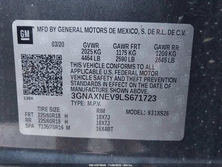 3GNAXNEV9LS671723 2020 CHEVROLET EQUINOX photo no. 9