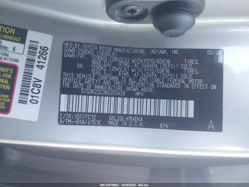 2008 Toyota Sienna Le VIN: 5TDZK23C38S203458 Lot: 43576552