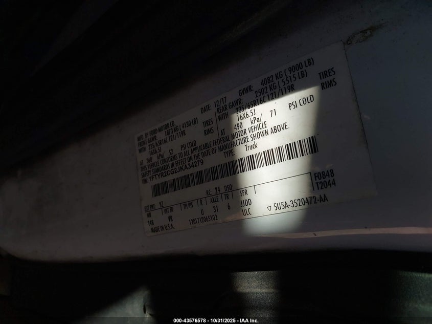 2018 Ford Transit-250 VIN: 1FTYR2CG2JKA34279 Lot: 43576578