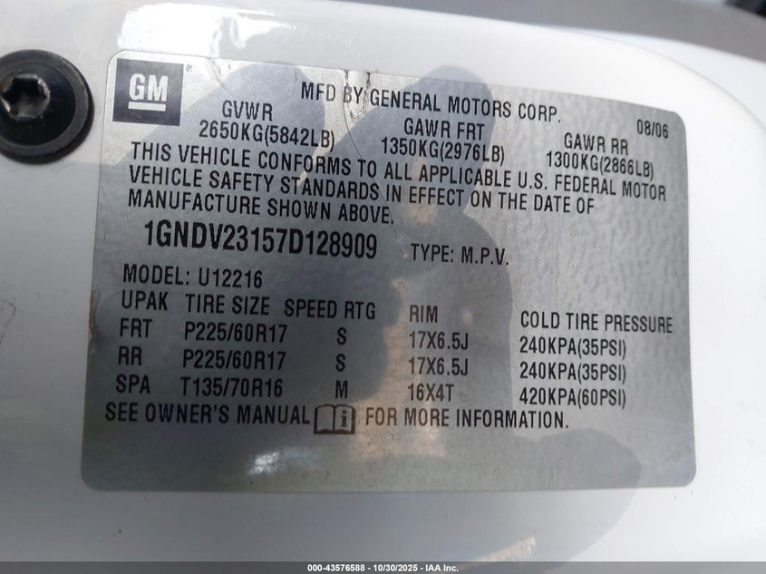 2007 Chevrolet Uplander Ls VIN: 1GNDV23157D128909 Lot: 43576588