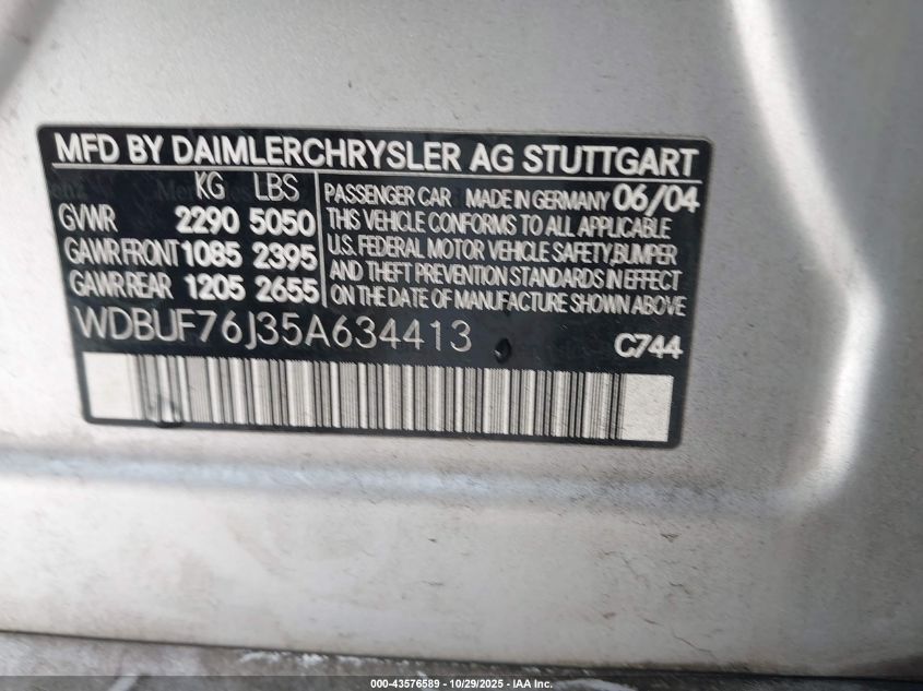 2005 Mercedes-Benz E 55 Amg VIN: WDBUF76J35A634413 Lot: 43576589
