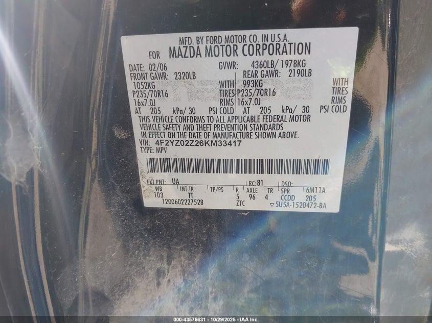 2006 Mazda Tribute I VIN: 4F2YZ02Z26KM33417 Lot: 43576631