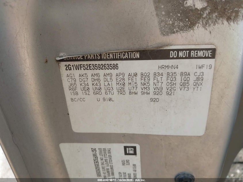 2005 Chevrolet Impala VIN: 2G1WF52E359263586 Lot: 43576672