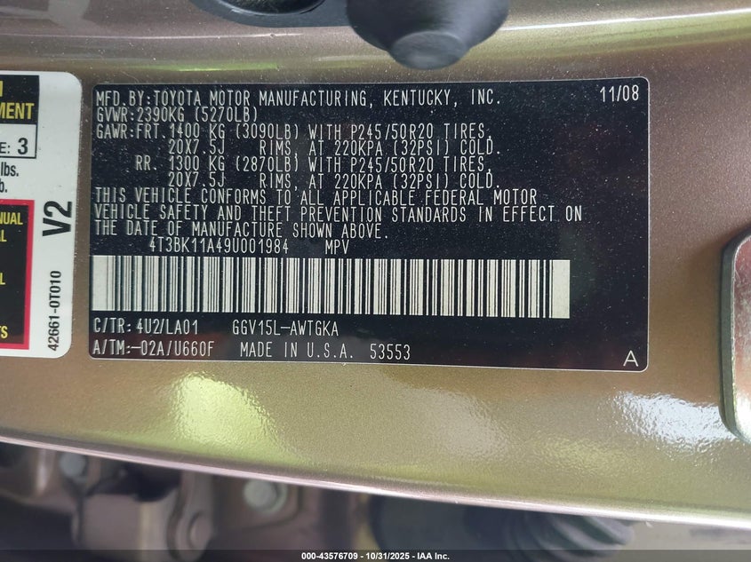 4T3BK11A49U001984 2009 TOYOTA VENZA photo no. 9