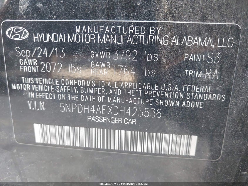 2013 HYUNDAI ELANTRA GLS 5NPDH4AEXDH425536