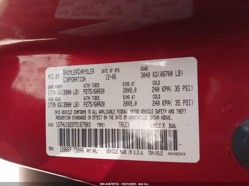 2007 Dodge Ram 1500 Slt/Trx4 Off Road/Sport VIN: 1D7HU18297S167903 Lot: 43576733