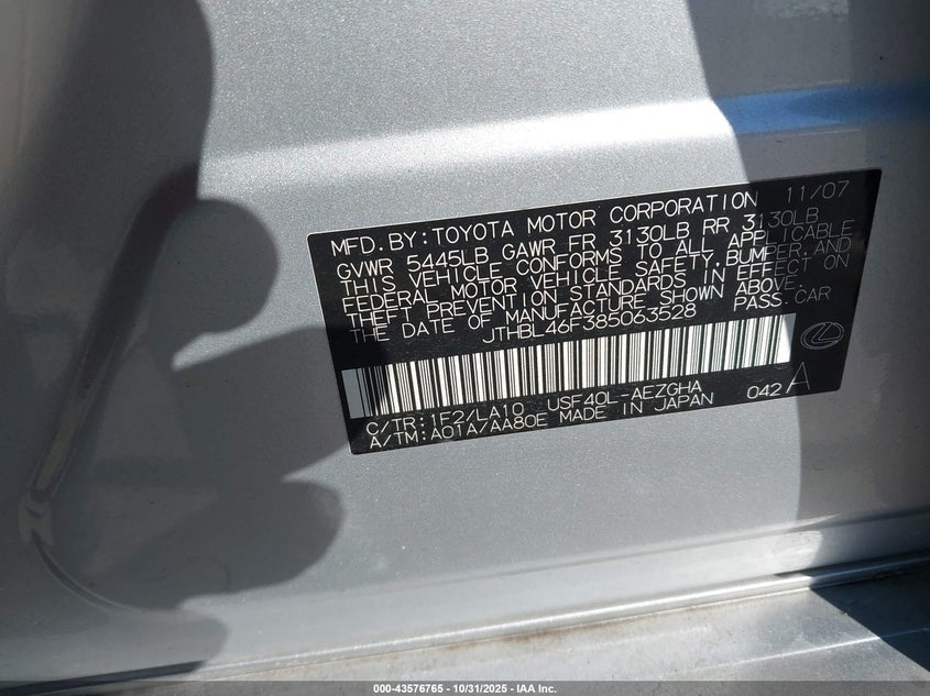 2008 Lexus Ls 460 VIN: JTHBL46F385063528 Lot: 43576765