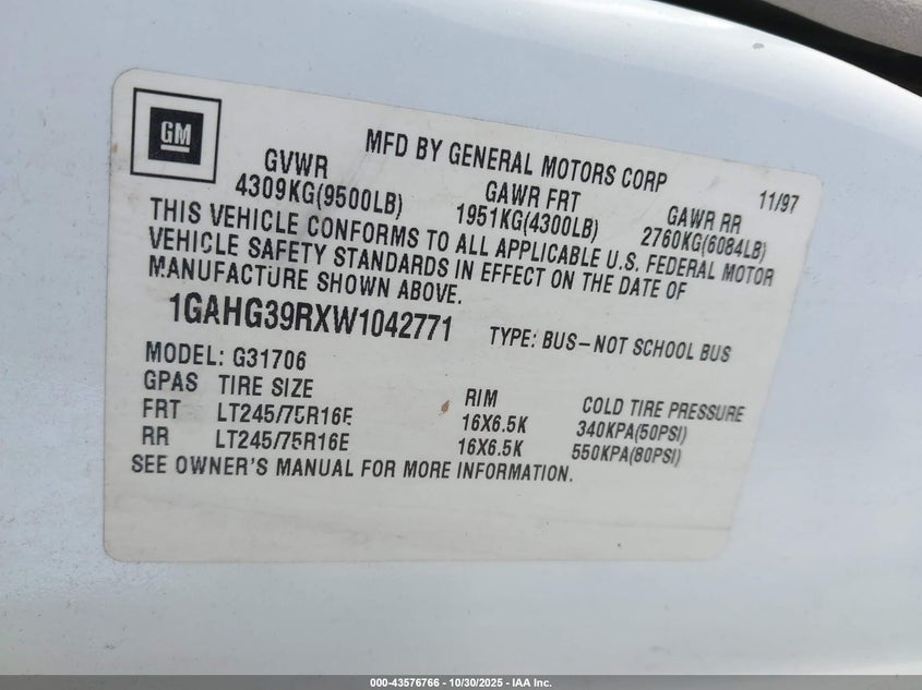 1998 Chevrolet Express VIN: 1GAHG39RXW1042771 Lot: 43576766