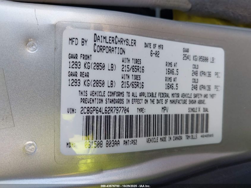 2002 Chrysler Town & Country Limited VIN: 2C8GP64L62R797704 Lot: 43576780