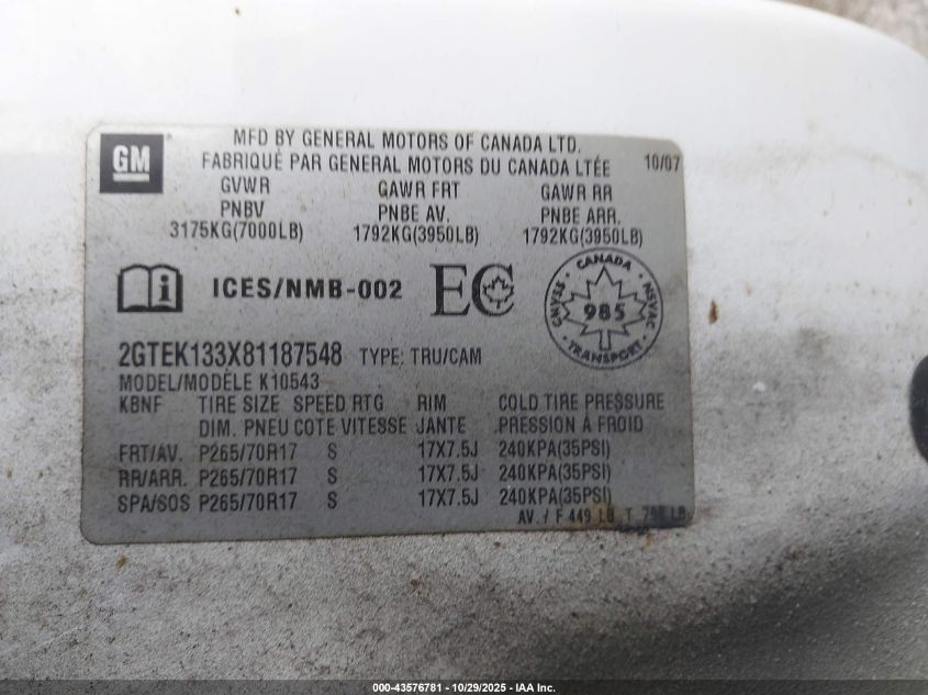 2008 GMC Sierra 1500 Sle1/Sle2/Slt/Work Truck VIN: 2GTEK133X81187548 Lot: 43576781
