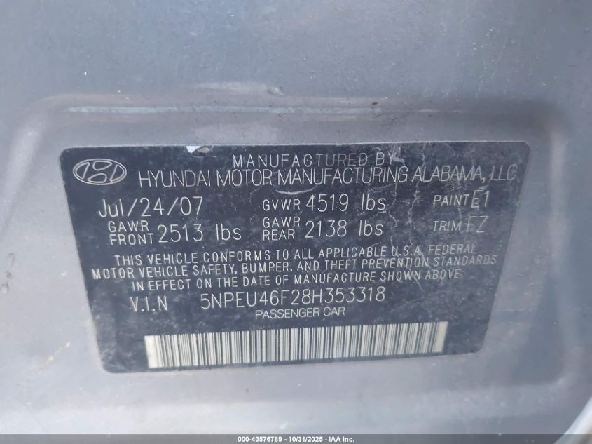 2008 Hyundai Sonata Limited V6/Se V6 VIN: 5NPEU46F28H353318 Lot: 43576789