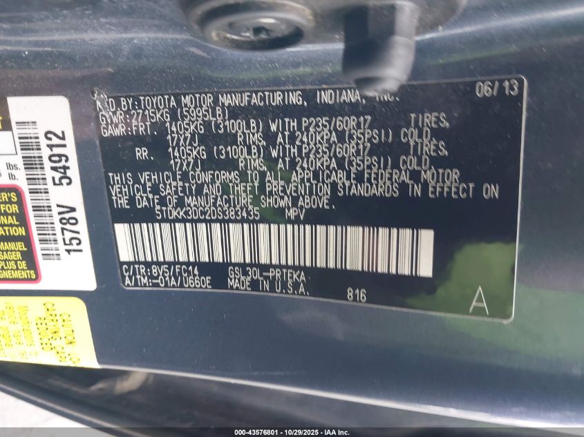 2013 Toyota Sienna Le V6 8 Passenger VIN: 5TDKK3DC2DS383435 Lot: 43576801