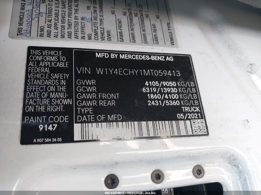 2021 Mercedes-Benz Sprinter 2500 High Roof V6 VIN: W1Y4ECHY1MT059413 Lot: 43576817