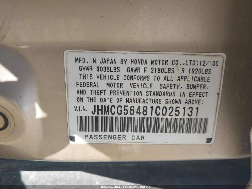 2001 Honda Accord 2.3 Lx VIN: JHMCG56481C025131 Lot: 43576844