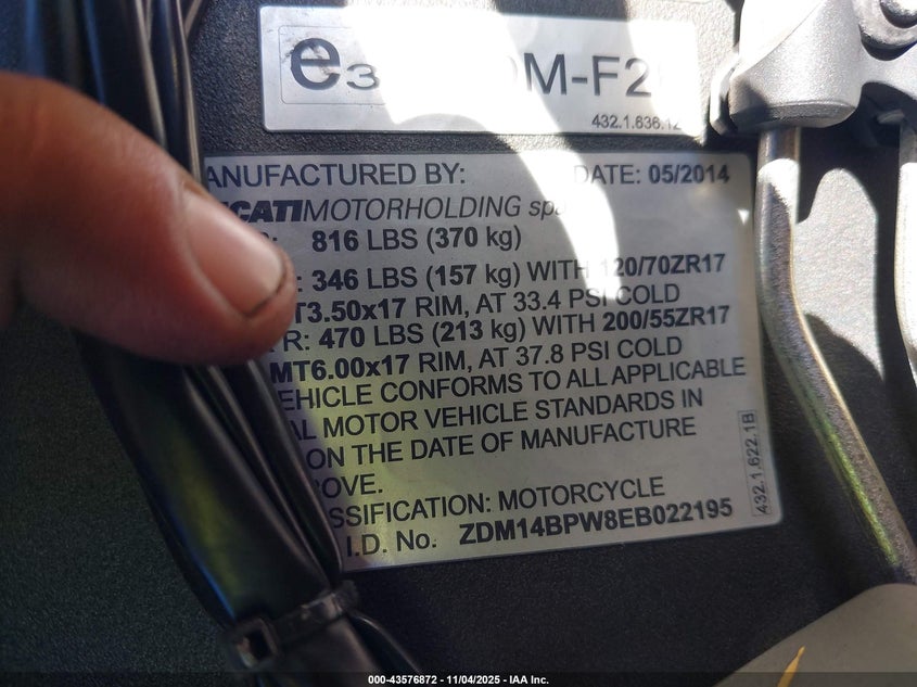 2014 Ducati Superbike 1199 Panigale/S VIN: ZDM14BPW8EB022195 Lot: 43576872