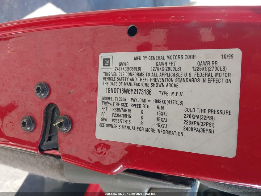 2000 Chevrolet Blazer Ls VIN: 1GNDT13W6Y2173186 Lot: 43576879