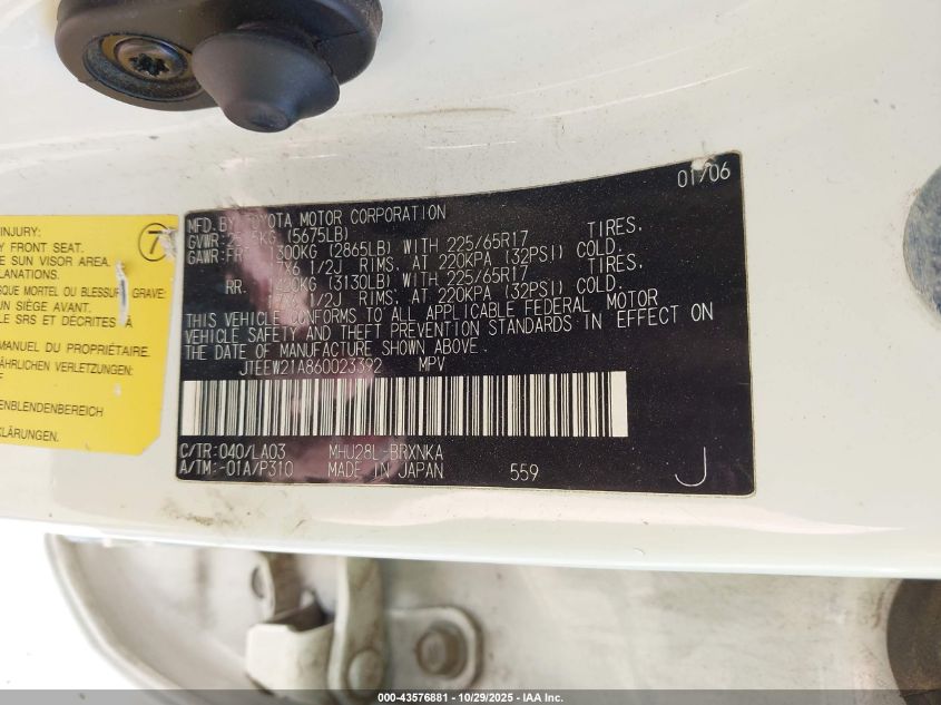 2006 Toyota Highlander Hybrid Limited V6 VIN: JTEEW21A860023392 Lot: 43576881