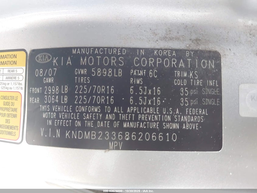 2008 Kia Sedona Lx VIN: KNDMB233686206610 Lot: 43576899