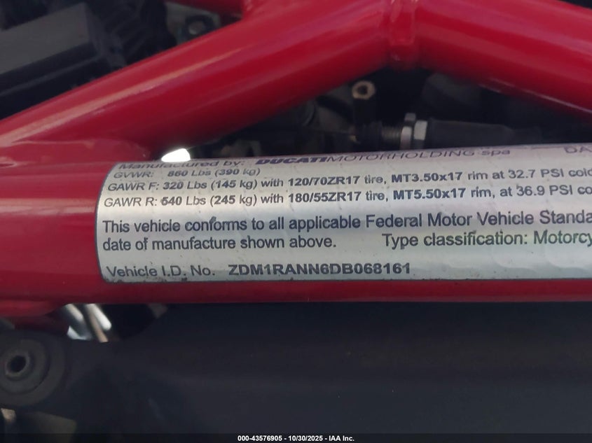2013 Ducati Monster 796 VIN: ZDM1RANN6DB068161 Lot: 43576905