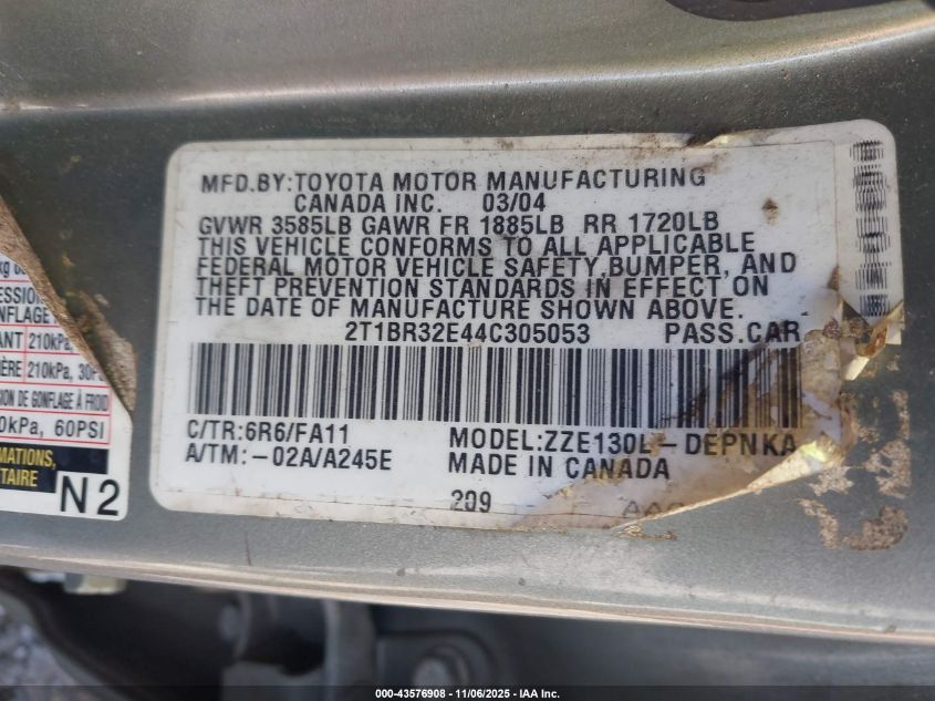 2004 Toyota Corolla Le VIN: 2T1BR32E44C305053 Lot: 43576908