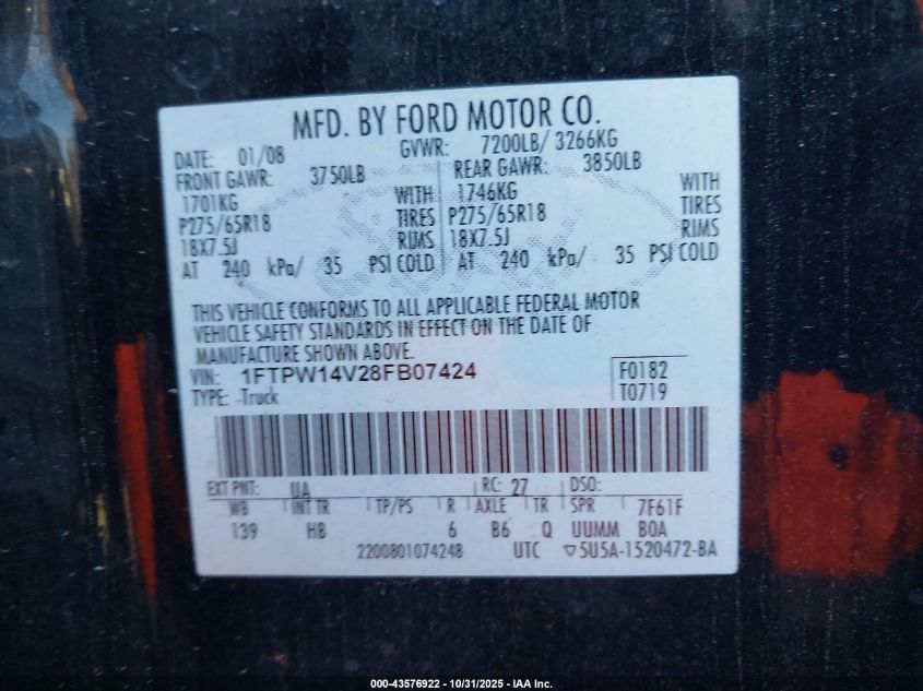 2008 Ford F-150 60Th Anniversary/Fx4/King Ranch/Lariat/Xlt VIN: 1FTPW14V28FB07424 Lot: 43576922