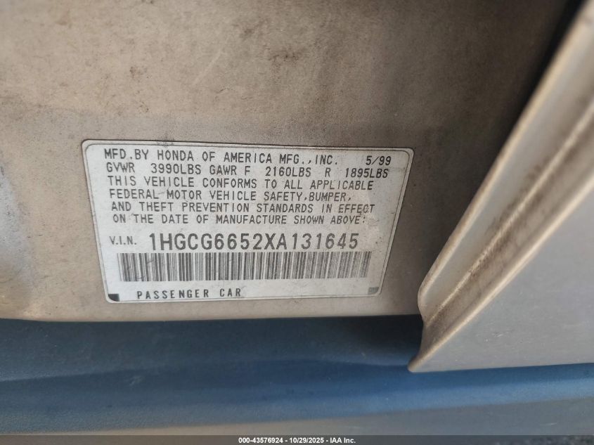 1999 Honda Accord Lx VIN: 1HGCG6652XA131645 Lot: 43576924