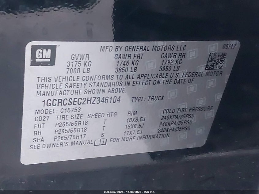 2017 CHEVROLET SILVERADO 1500 1LZ 1GCRCSEC2HZ346104