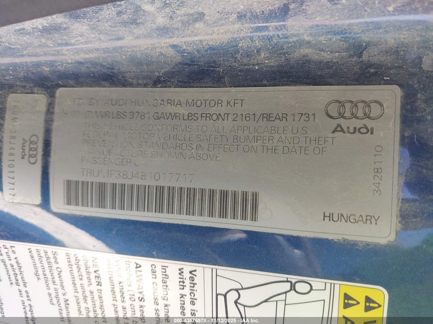 2008 Audi Tt 2.0T VIN: TRUMF38J481017717 Lot: 43576978