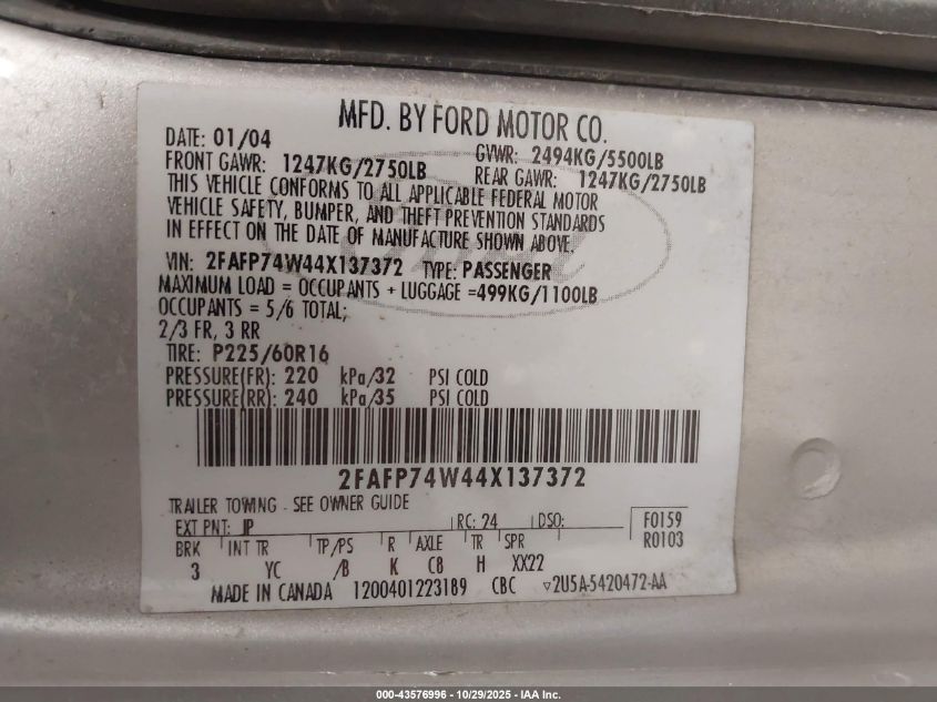 2004 Ford Crown Victoria Lx VIN: 2FAFP74W44X137372 Lot: 43576996