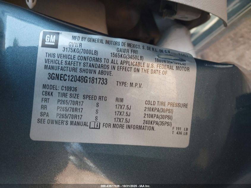 2008 Chevrolet Avalanche 1500 Ls VIN: 3GNEC12048G181733 Lot: 43577026