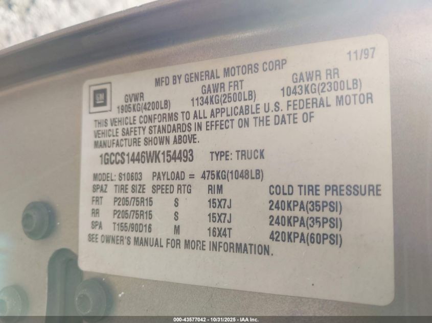1998 Chevrolet S-10 Ls Fleetside VIN: 1GCCS1446WK154493 Lot: 43577042