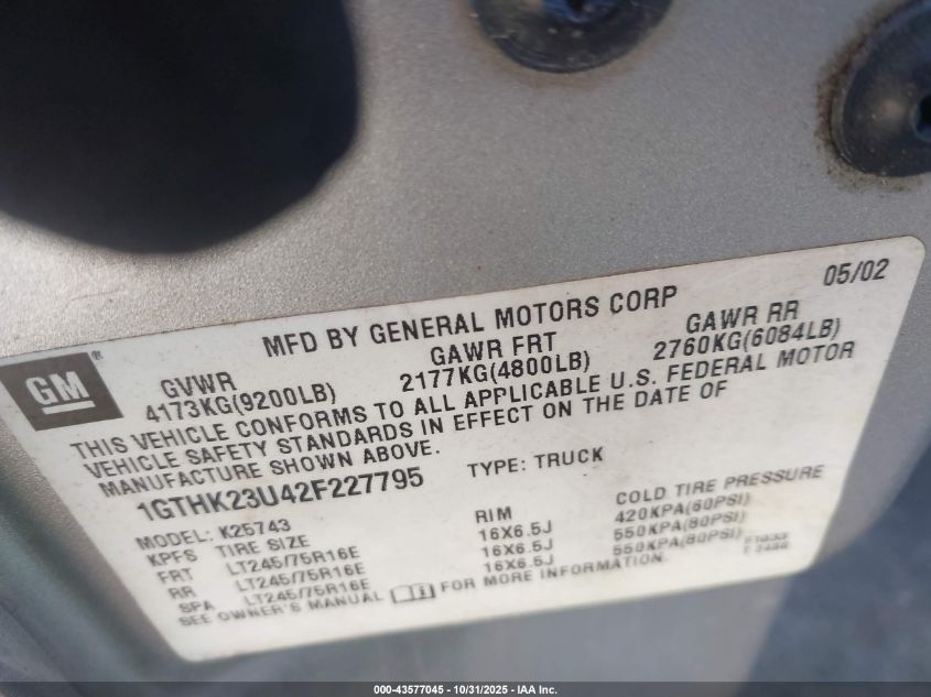 2002 GMC Sierra 2500Hd Sle VIN: 1GTHK23U42F227795 Lot: 43577045