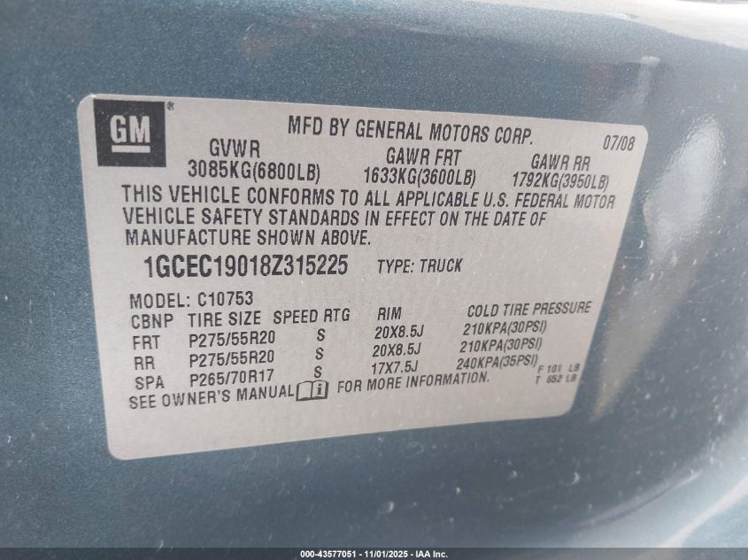 2008 Chevrolet Silverado 1500 Lt1 VIN: 1GCEC19018Z315225 Lot: 43577051